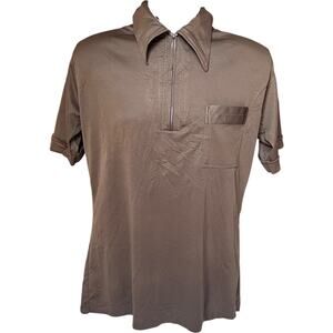 Vintage 70s Sears zip polo shirt brown dagger collar Hong Kong poly L
